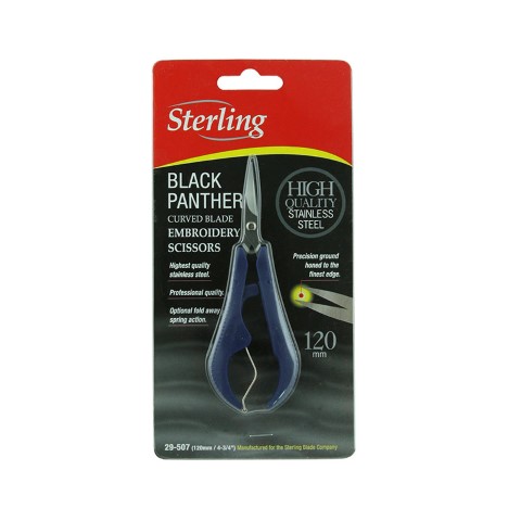 STERLING BLACK PANTHER EMBROIDERY SCISSORS BLUE CURVED BLADES CARDED
